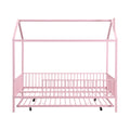 Full Size Metal House Bed With Fence, With Trundle, Pink Full Pink Metal