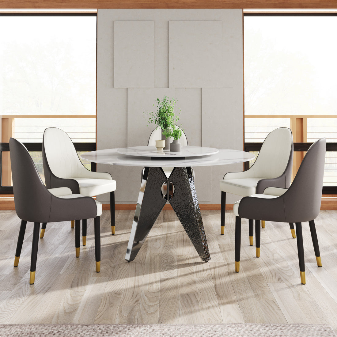 53" Round Marble Dining Table With Silver Stainless Steel Design Base, Artificial Marble For 6 People, 23.62"White Artificial Stone Turntable,White Dining Table Only Silver,White Dining Room Modern