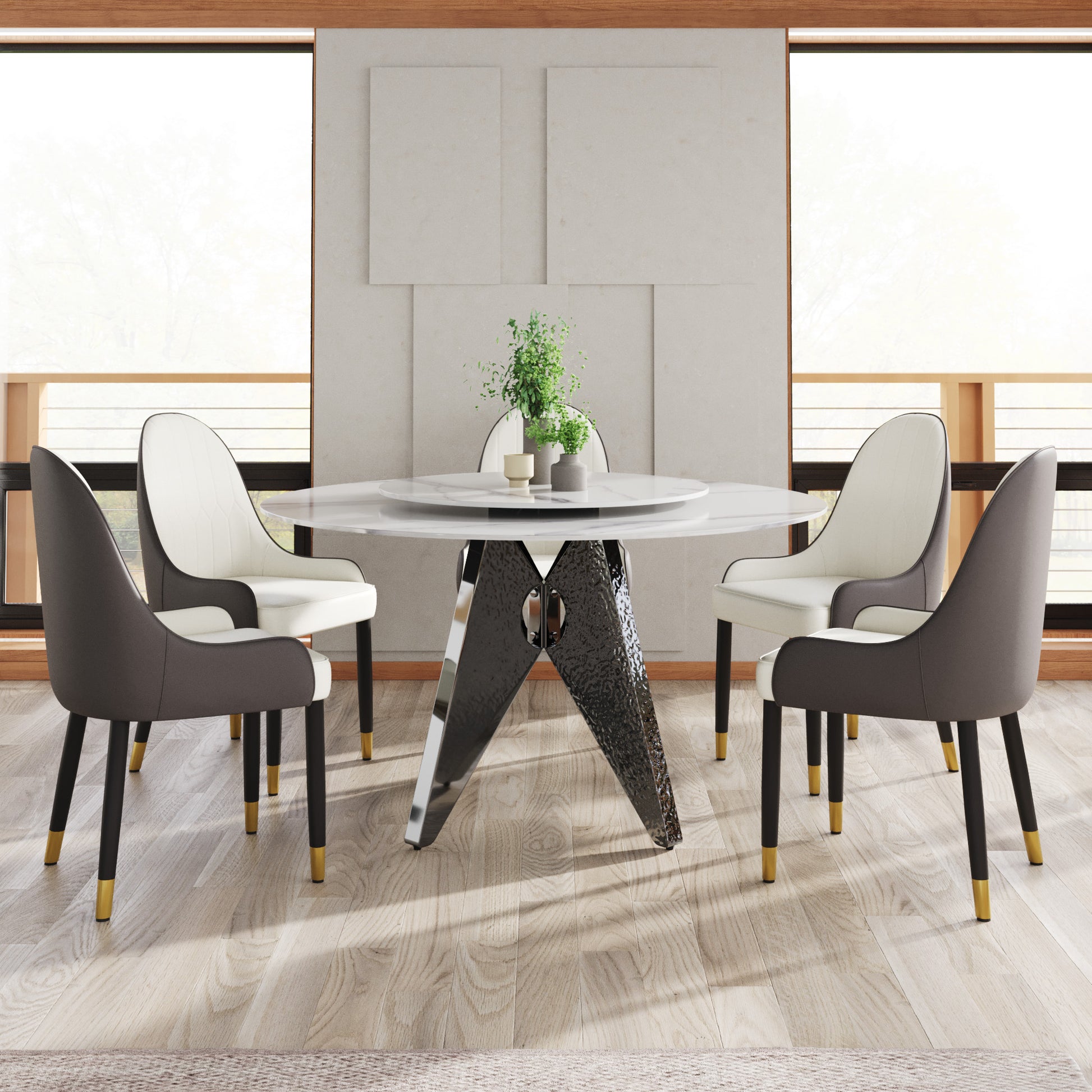 53" Round Marble Dining Table With Silver Stainless Steel Design Base, Artificial Marble For 6 People, 23.62"White Artificial Stone Turntable,White Dining Table Only Silver,White Dining Room Modern