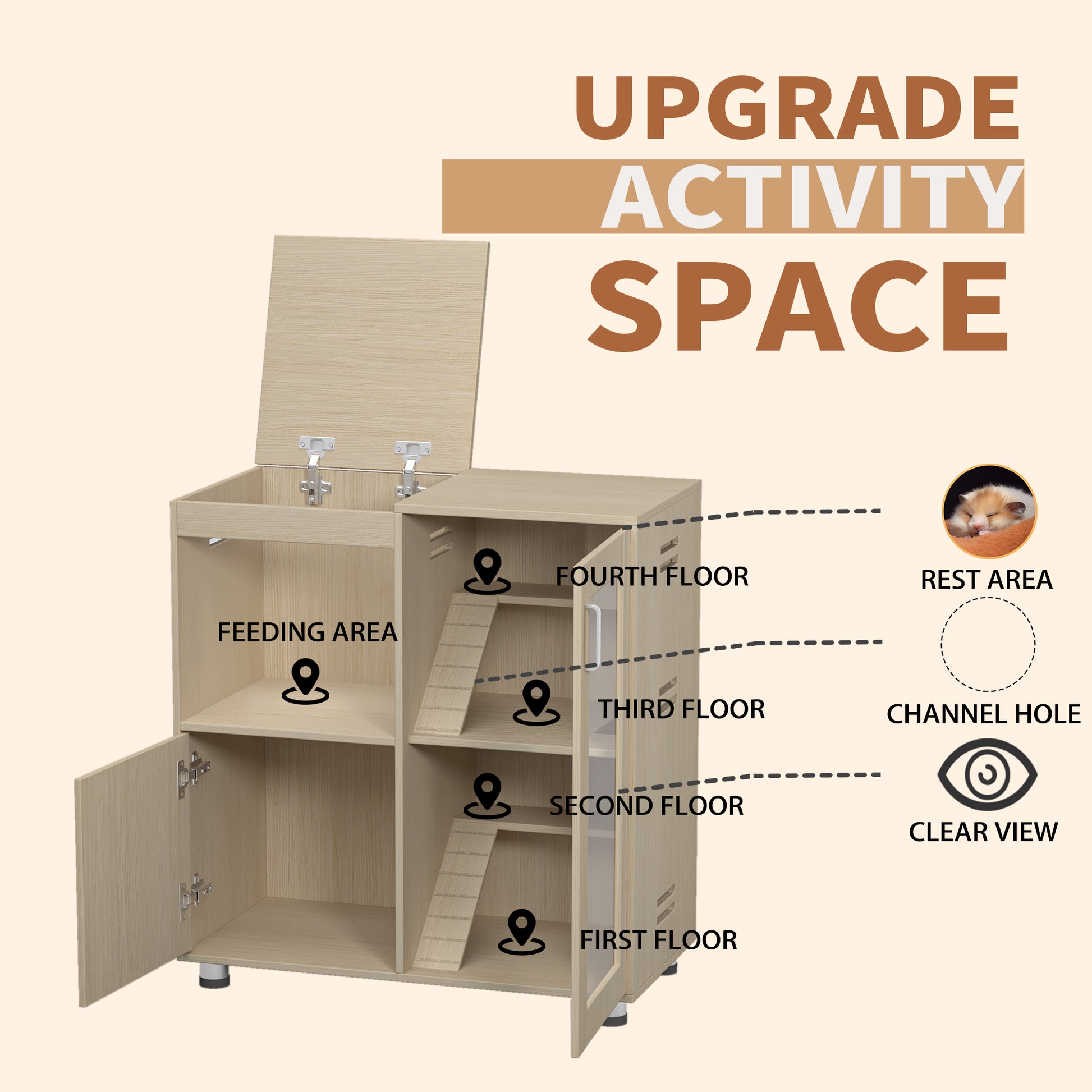 Hamster Cage, Small Animal Cage For Chinchilla Rat, 4 Tier Guinea Pig Cage Wood With Acrylic Windows, Storage Cabinet, Openable Top, Hamster Cages And Habitats 31.50" L X15.75 " W X 34.65" H Teak Chew Resistant Classic Extra Small 0 10 Lbs Wood