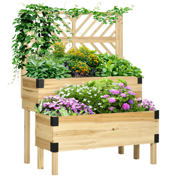 Outsunny Raised Garden Bed With Trellis, 2 Tier Wooden Elevated Planter Box With Legs And Metal Corners For Vegetables, Flowers, Herbs, Natural Natural Wood Wood