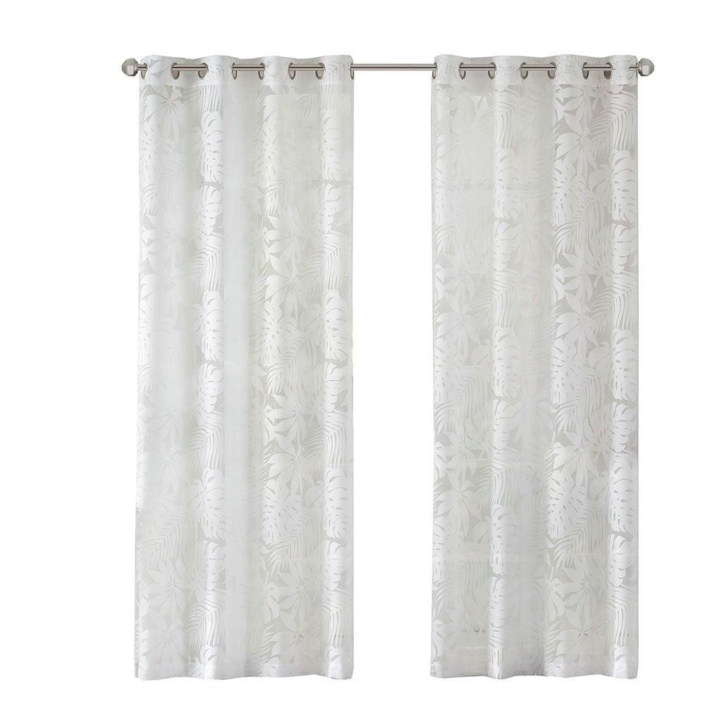 Palm Leaf Burnout Window Sheer Silver White Polyester