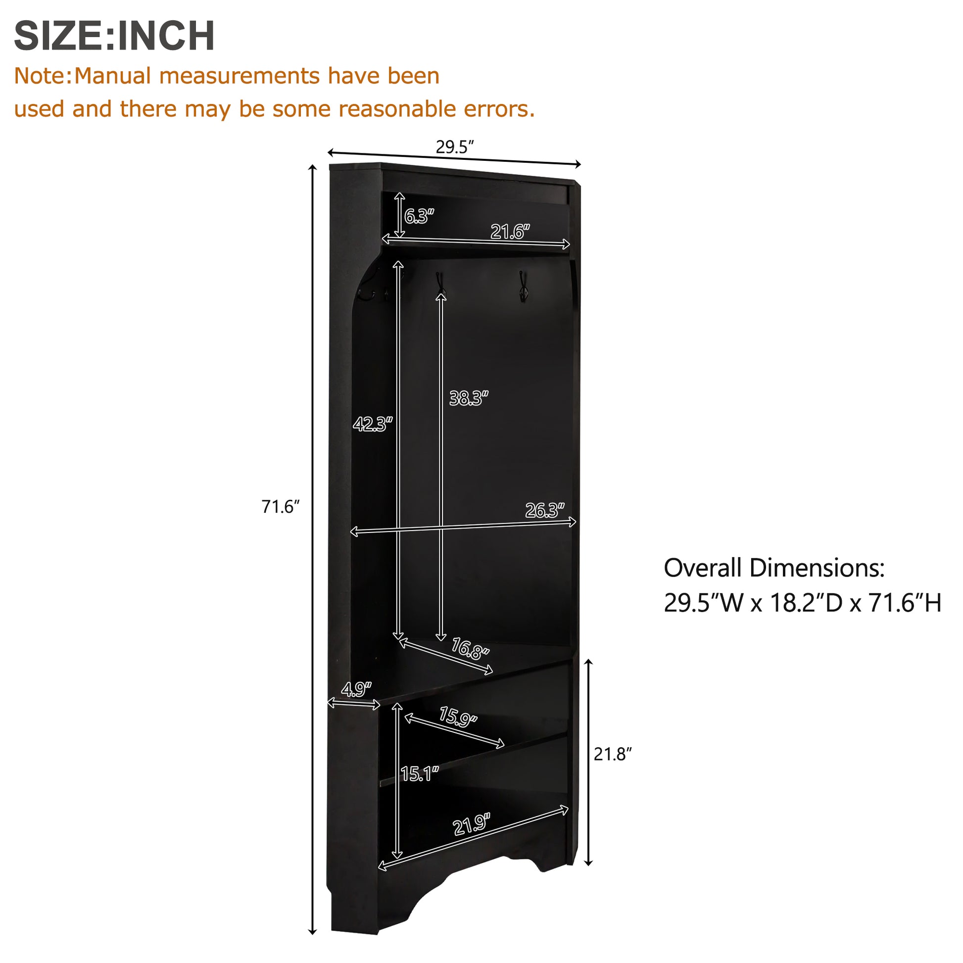 Minimalist Corner Hall Tree With Shoe Bench, Versatile Entryway Coat Rack With 4 Hooks, Corner Cabinet With Adjustable Shelf For Hallway, Living Room, Black, 29.5''W*71.6''H Black Particle Board
