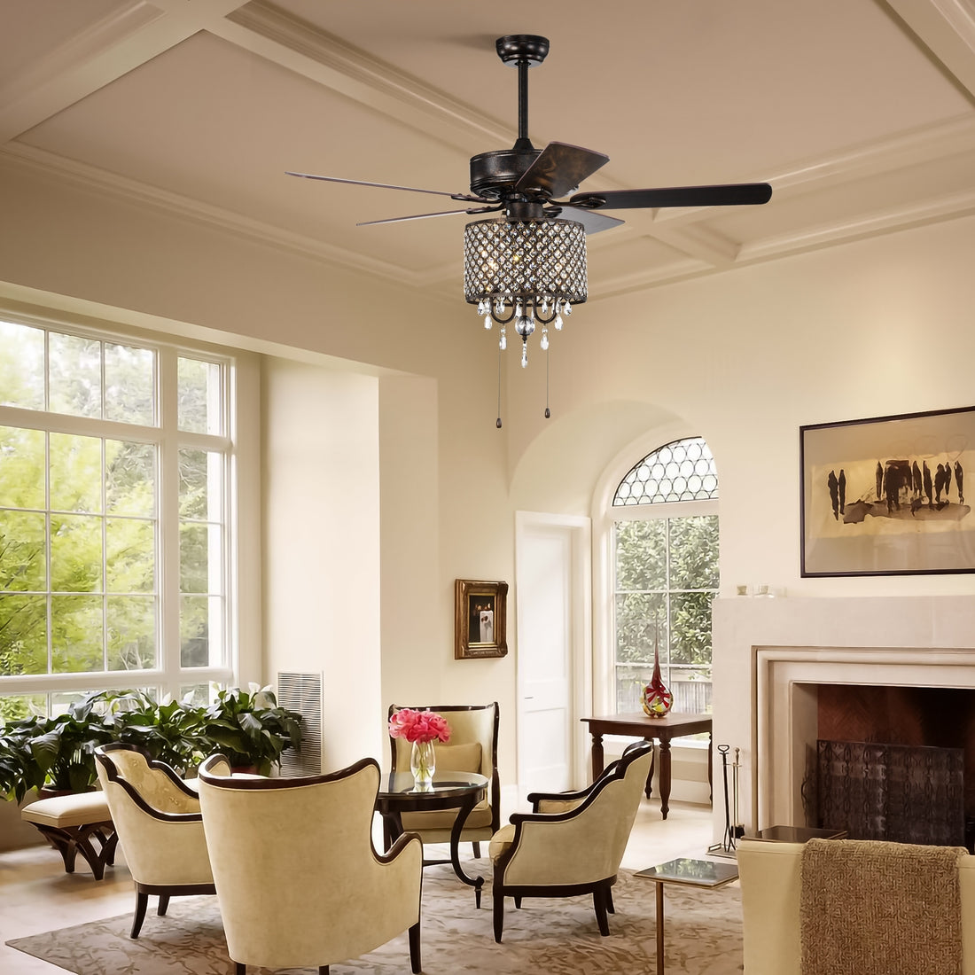 52'' Classical Crystal Ceiling Fan Lamp,3 Speed5 Reversible Blades For Living Room, Dining Room, Bedroom, Family Room, Rustic Bronze ,3Pcs*E12 No Include Bulb Hand Pull Chain Rustic Brown American Traditional,Antique,Classic,Contemporary Crystal Metal