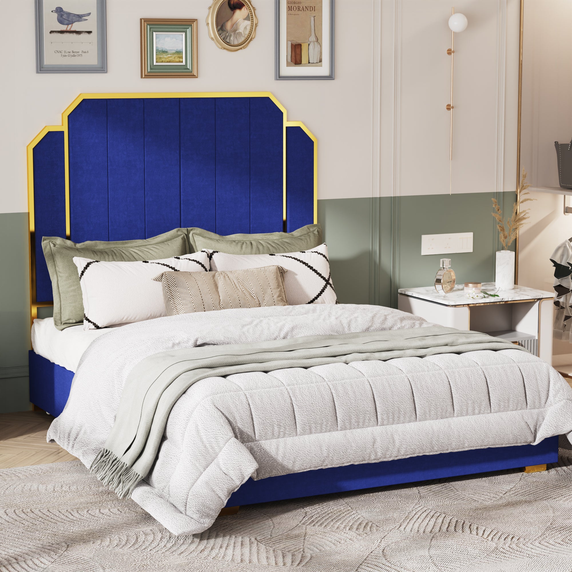 Queen Size Bed Frame And 59.06" Headboard, Upholstered Bed With Golden Plating Trim, Modern Platform Bed No Box Spring Needed, Navy Blue Queen Bed Box Spring Not Required Queen Gold Blue Metal Bedroom Modern Bed Frame Velvet Mdf Metal