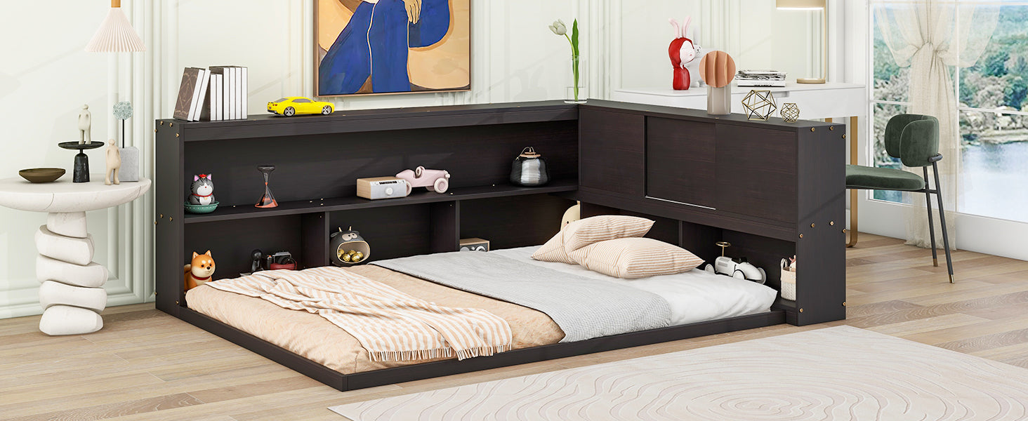 Full Floor Bed With L Shaped Bookcases, Sliding Doors,Without Slats,Espresso Full Espresso American Design Pine