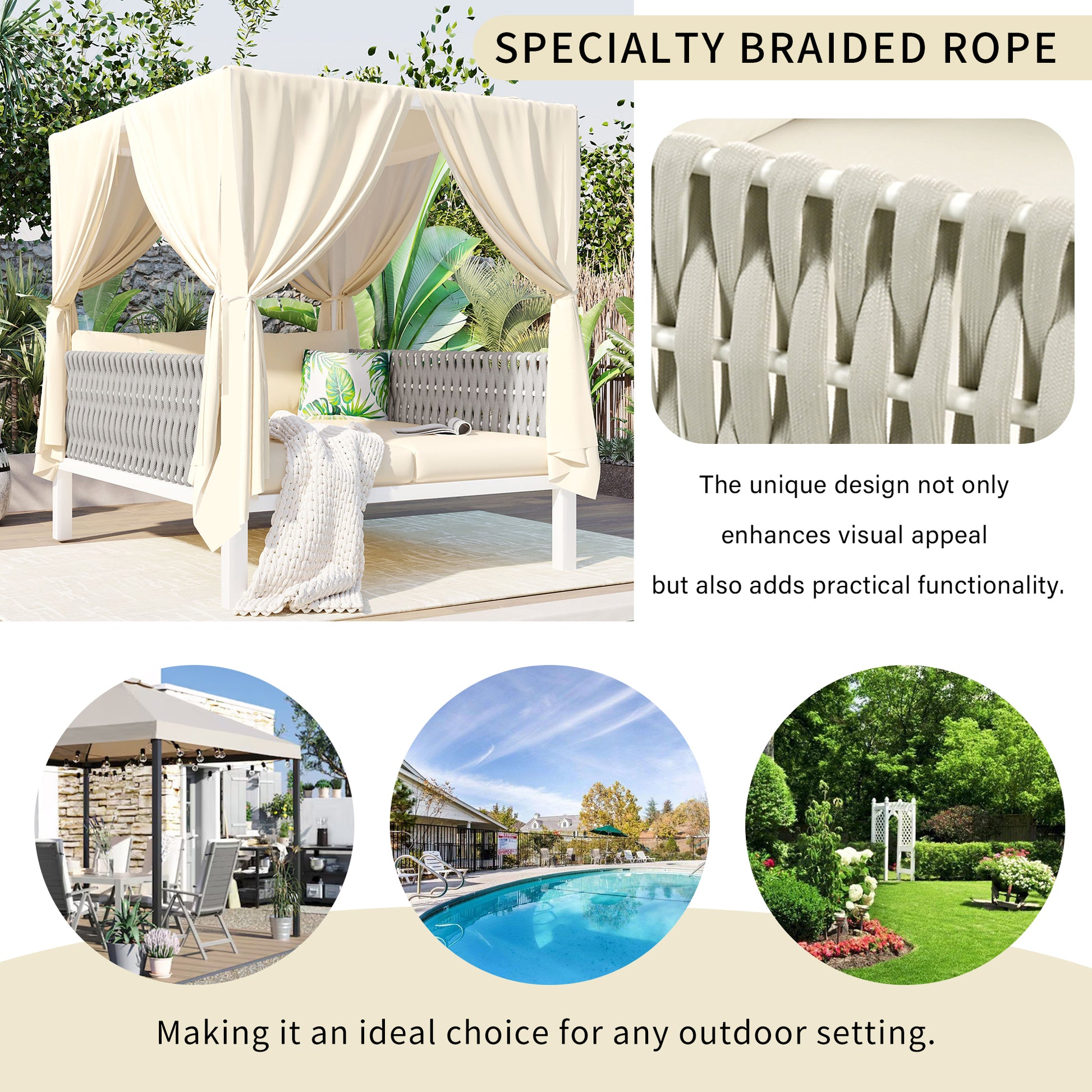 Outdoor Patio Sunbed With Curtains, High Comfort, Suitable For Multiple Scenarios Beige Woven Rope