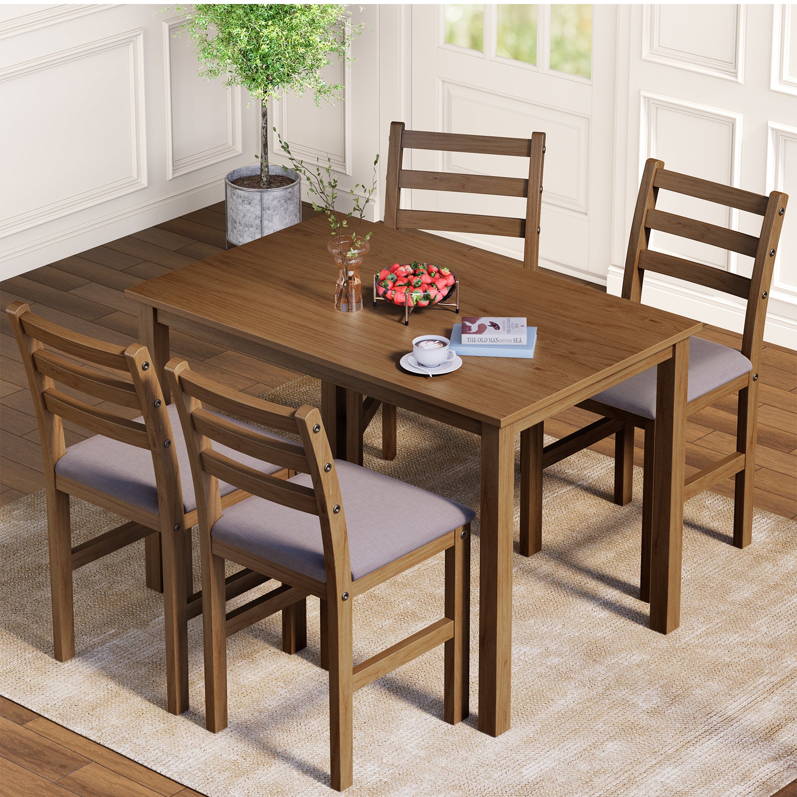 5Pcs Stylish Dining Table Set 4 Upholstered Chairs With Ladder Back Design For Dining Room Kitchen Brown Cushion And Antique Oak Oak Rubber Wood