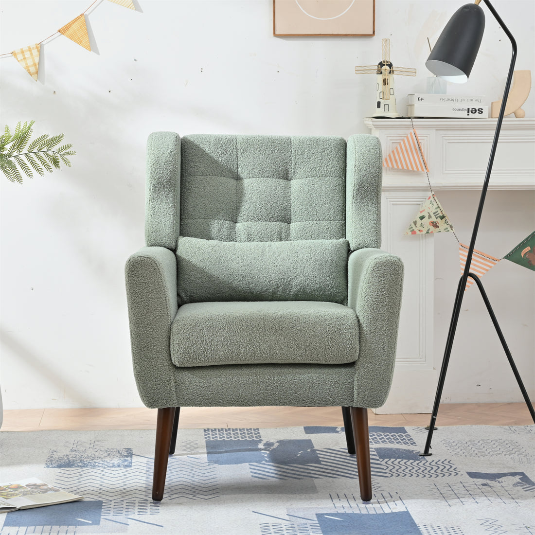 Modern Accent Chair,Teddy Fabric Living Room Chairs Comfy Reading Chair,Mid Century Accent Chair, Lounge Arm Chairs Armchair For Living Room Bedroom Light Green Light Green Light Brown Primary