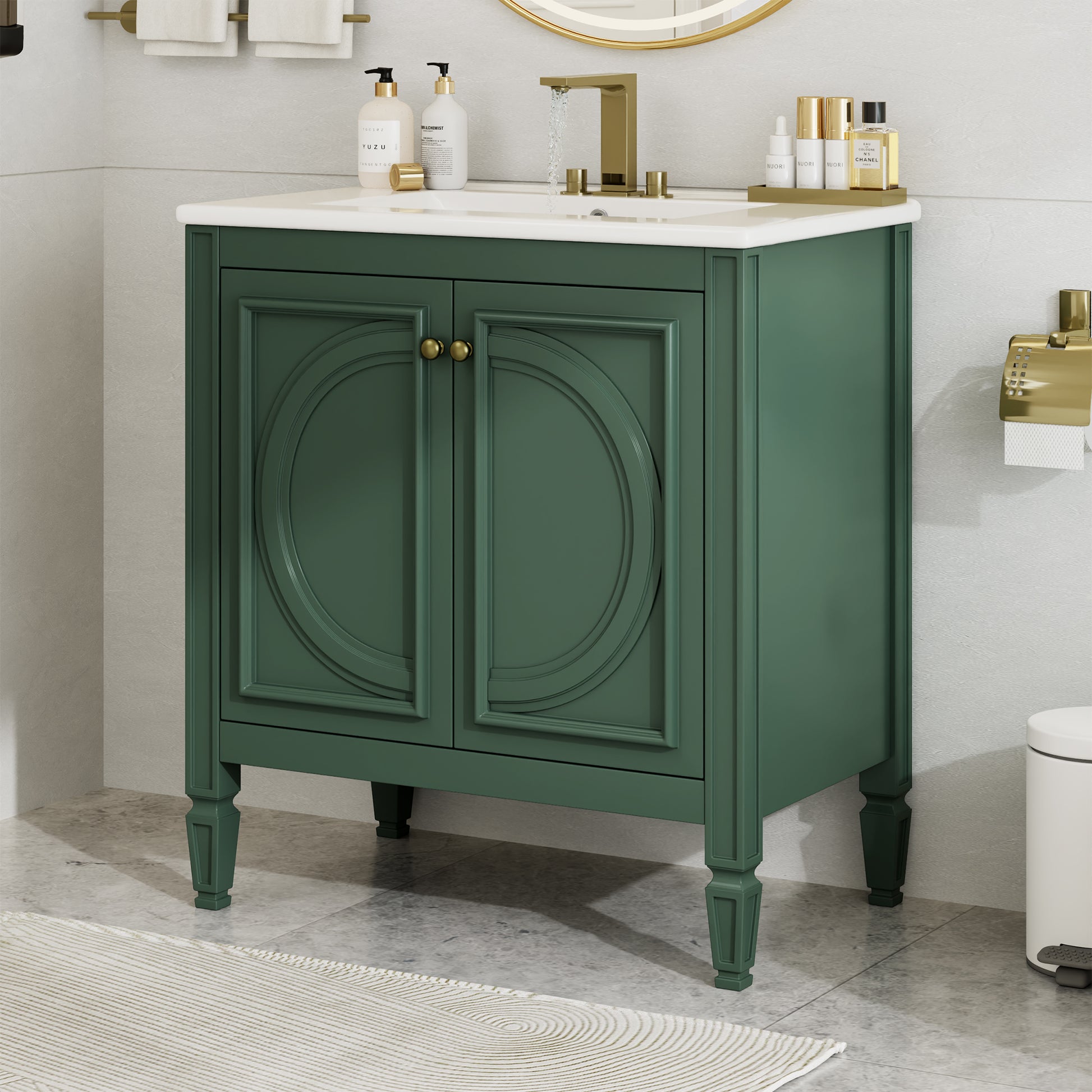 30" Bathroom Vanity With Sink, Two Doors With Shelf, Soft Close Door Hinges, Vintage Style, Green Green Ceramic Mdf,Rubber Wood