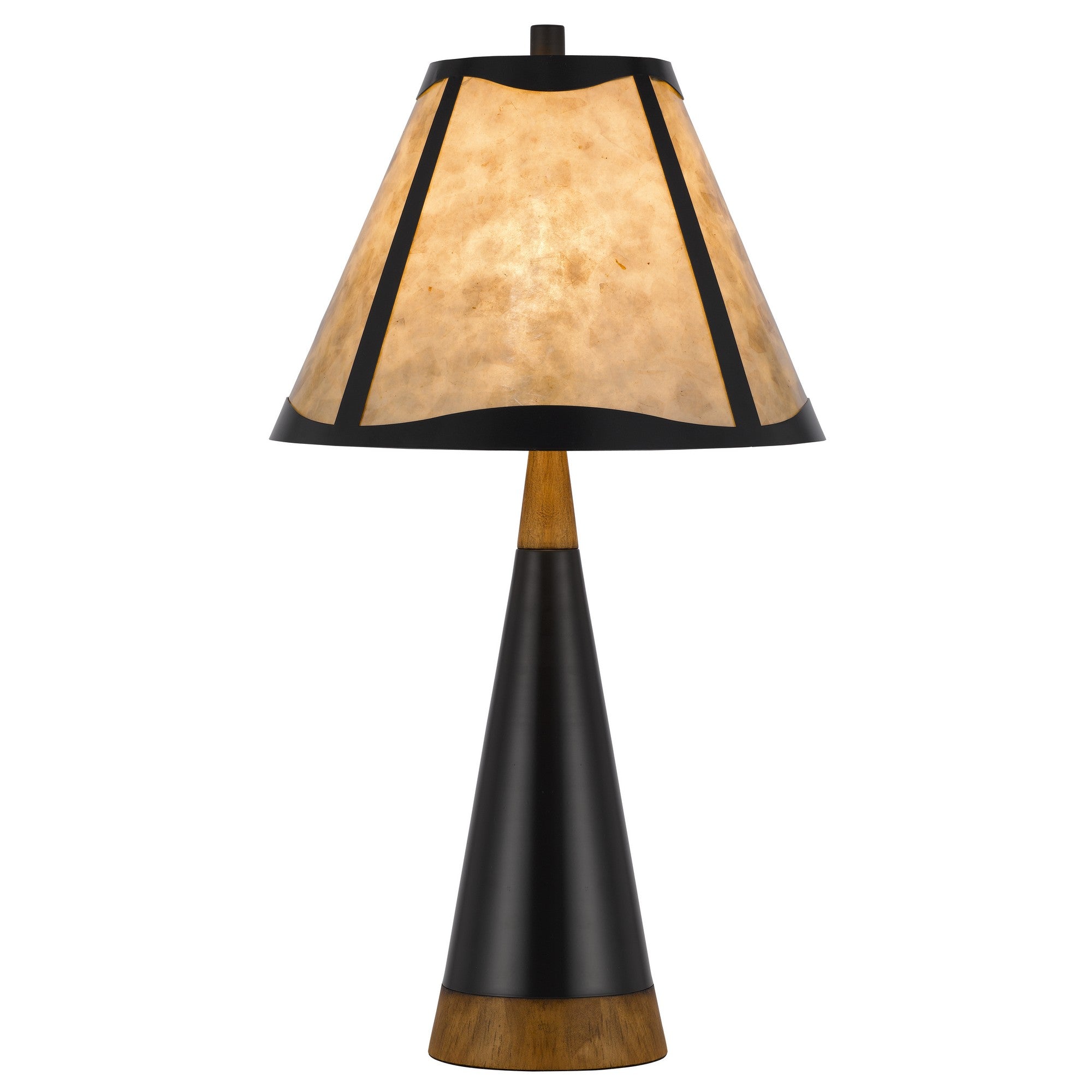 30 Inch 3 Way Table Lamp, Beige Mica Shade, Rubberwood And Black Metal Body Black Brown Wood Metal