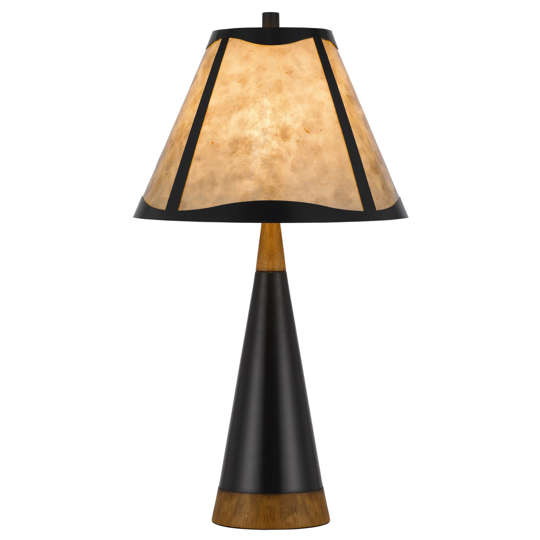 30 Inch 3 Way Table Lamp, Beige Mica Shade, Rubberwood And Black Metal Body Black Brown Wood Metal