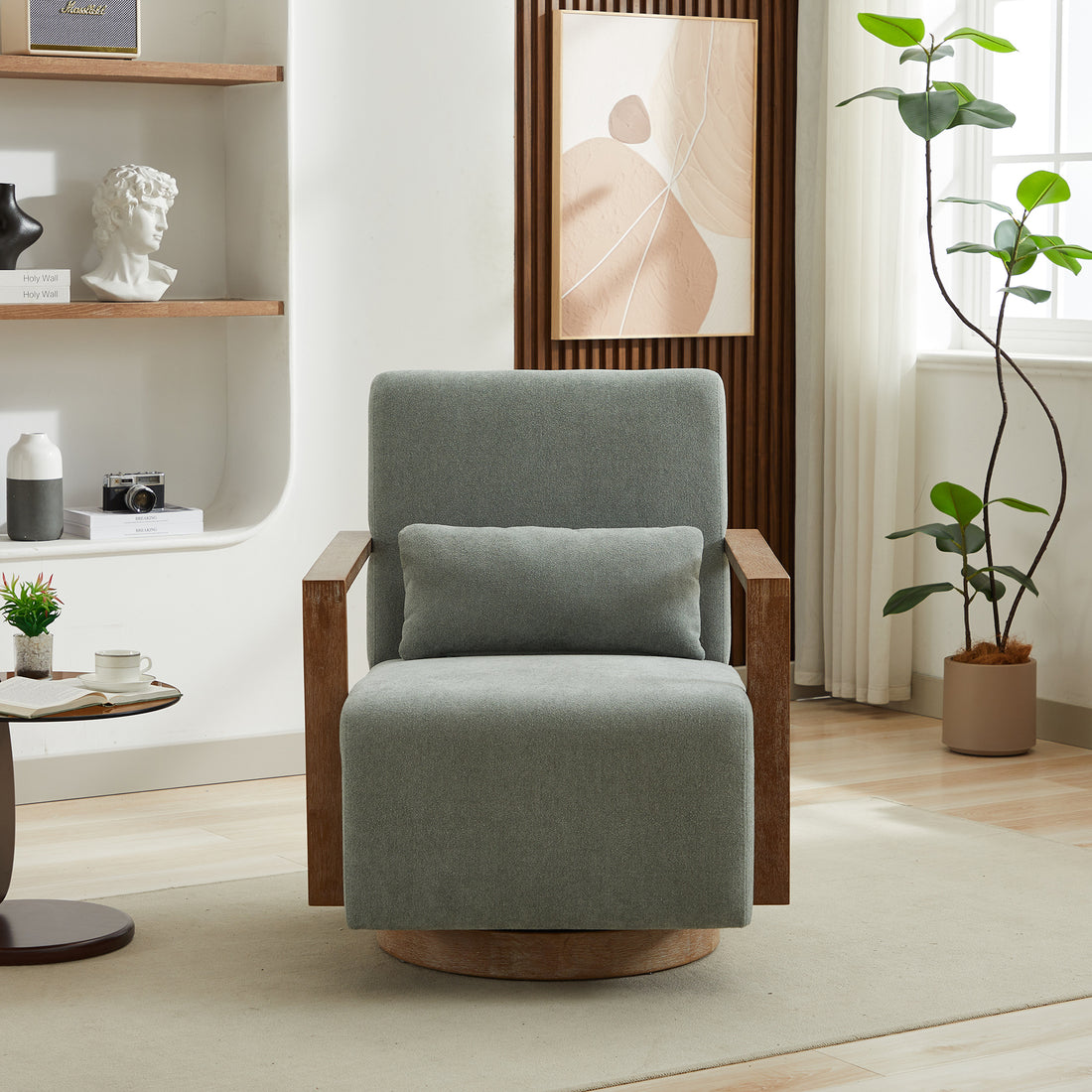 30.3"W Swivel Modern Upholstered Accent Chair With Solid Wood Armrests And 360 Degree Comfy Lounge Reading Chair, Side Armchair For Hotel, Bedroom, Living Room, Office, And Nursery Room.Pale Green Pale Green Linen Blend