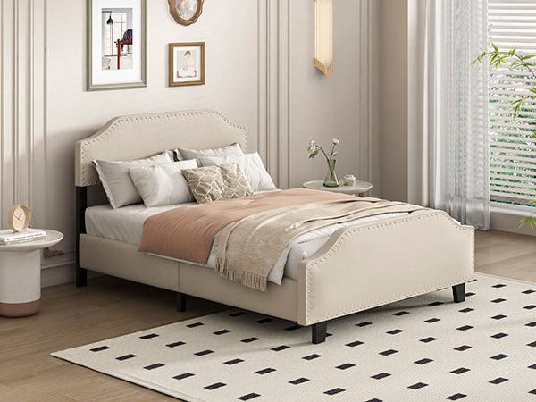 Upholstered Linen Queen Bed Frame, Platform Bed With Curved Shape Headboard And Footboard, Metal Frame With Wood Slat Support, Headboard Height Adjustable, No Box Spring Needed, Light Beige Box Spring Not Required Queen Light Beige Wood Bedroom Bed Frame