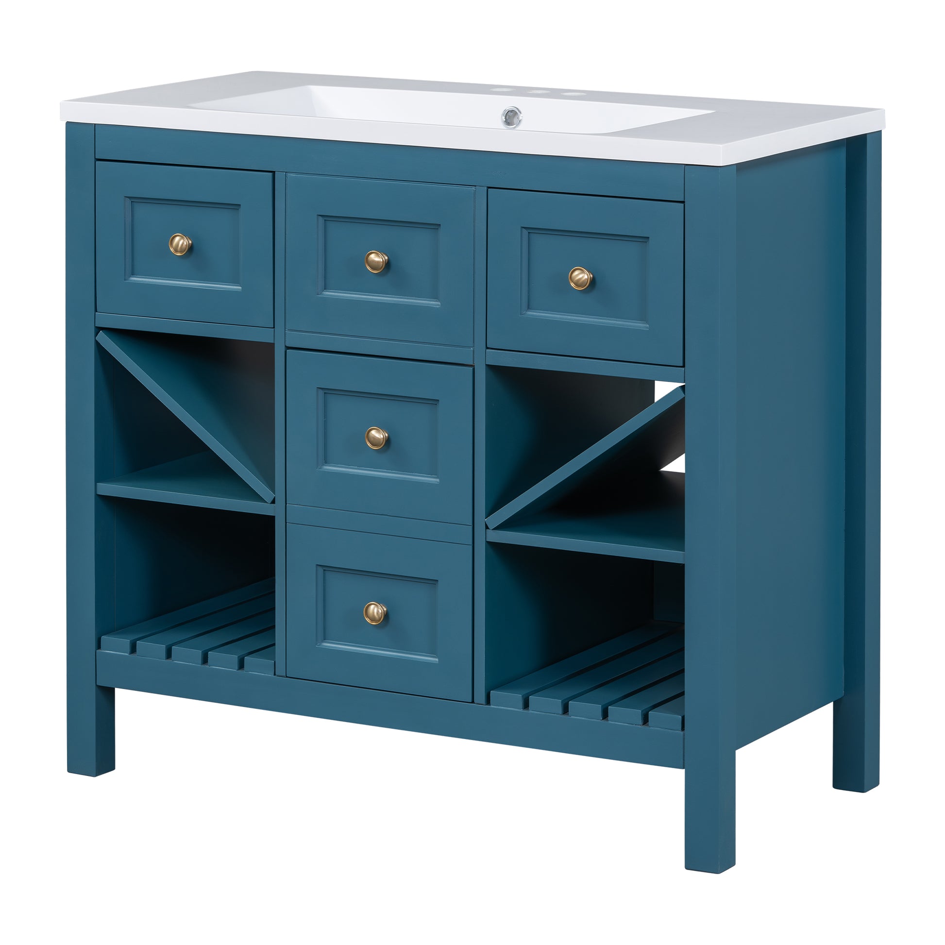 36'' Bathroom Vanity With Resin Sink Combo, Solid Wood Frame Bathroom Storage Cabinet, Freestanding Vanity Set With 5 Drawers& Soft Closing Doors Same As N710S136001C Blue Bathroom Solid Wood Mdf Resin