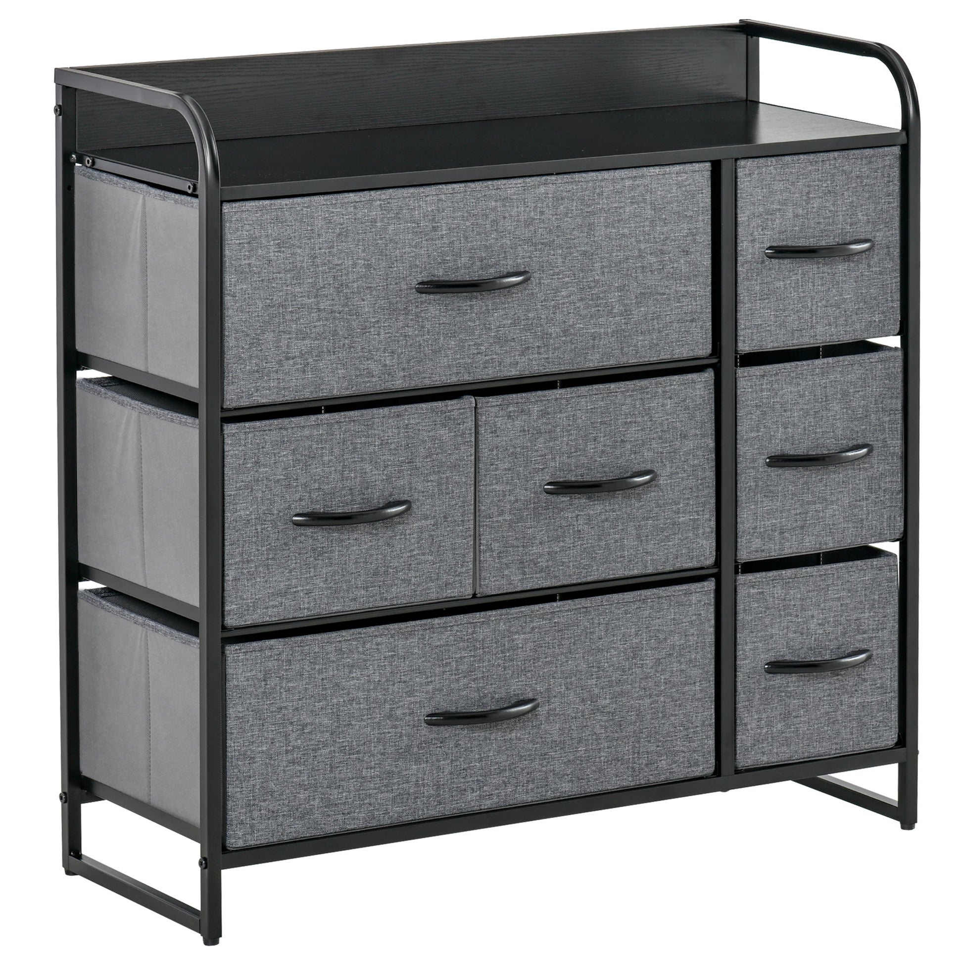 Homcom 7 Drawer Dresser, Fabric Chest Of Drawers, 3 Tier Storage Organizer For Bedroom Entryway, Tower Unit With Steel Frame Wooden Top, Dark Gray Dark Gray Mdf