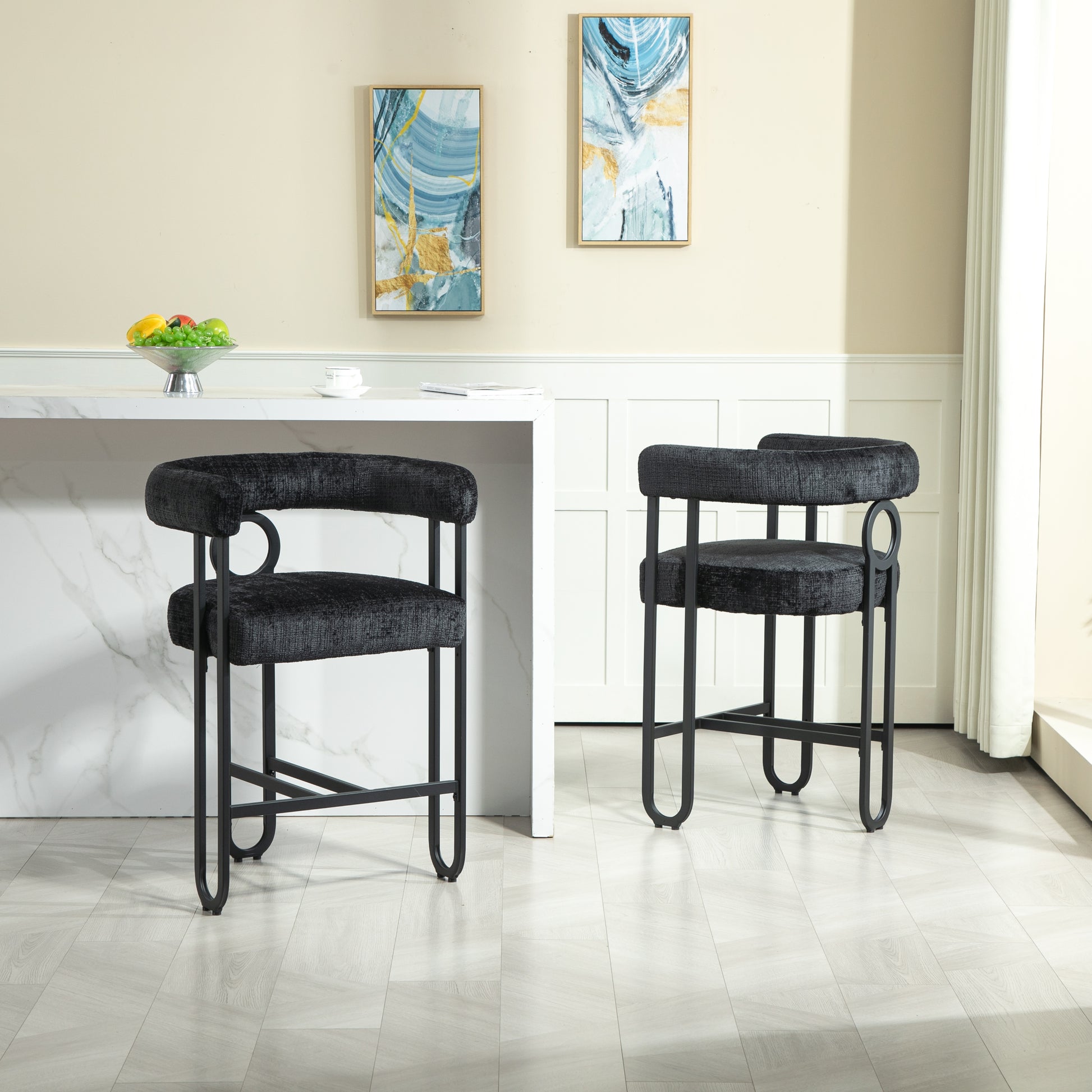 Coolmore Bar Stools Set Of 1, Modern Bar Stool With Back, Black Metal Frames, Upholstered Bar Stools For Kitchen Island, Pub, Club Black Chenille Black Primary Living Space Foam Chenille