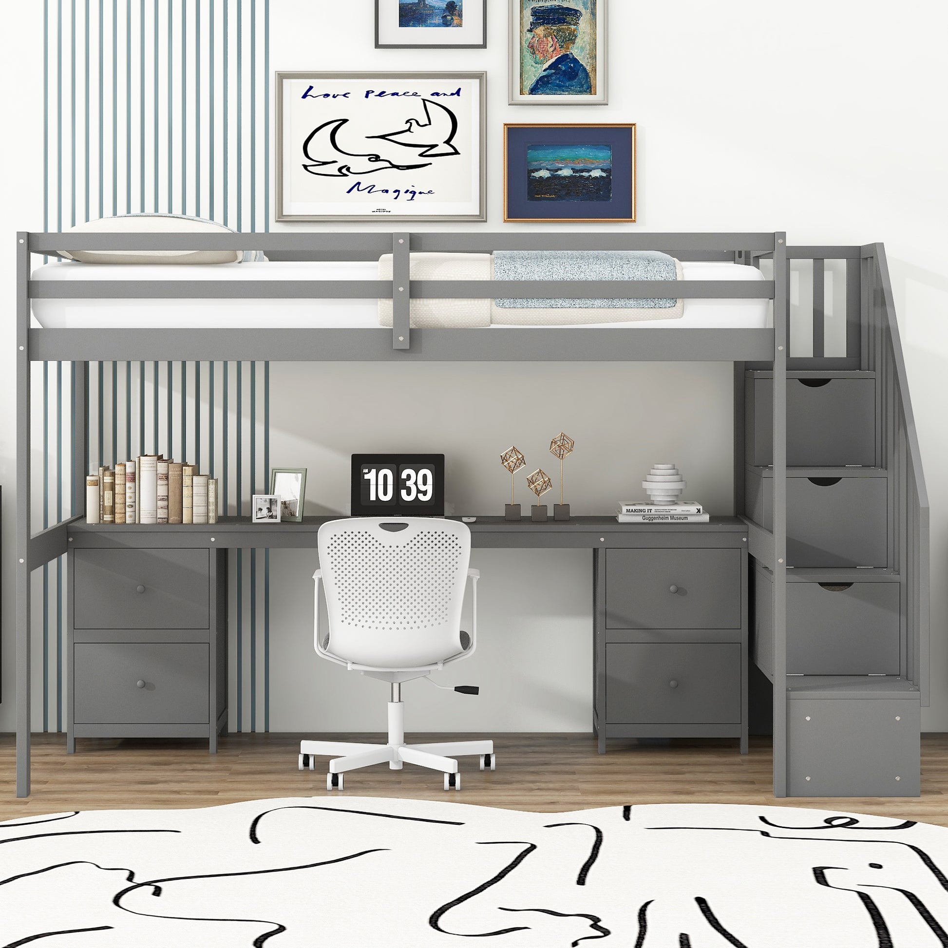 Twin Size Loft Bed Frame With Built In Desk And Double Storage Drawers,Gray Twin Gray Solid Wood Mdf