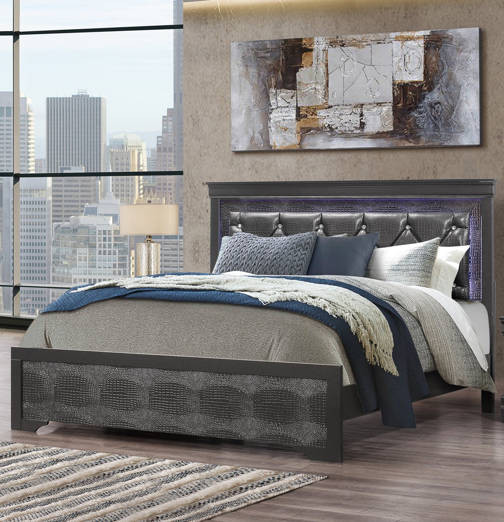 Shaker Crocodile Metallic Grey King Bed With Led Metallic Grey Solid Wood Mdf