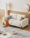 Couches For Living Room, Modern Teddy Fabric Upholstered Sofa Tufted Couch With Square Arm And 4 Solid Wood Legs 2 Pillows Decor For Living Room, Office, Apartment White Chenille