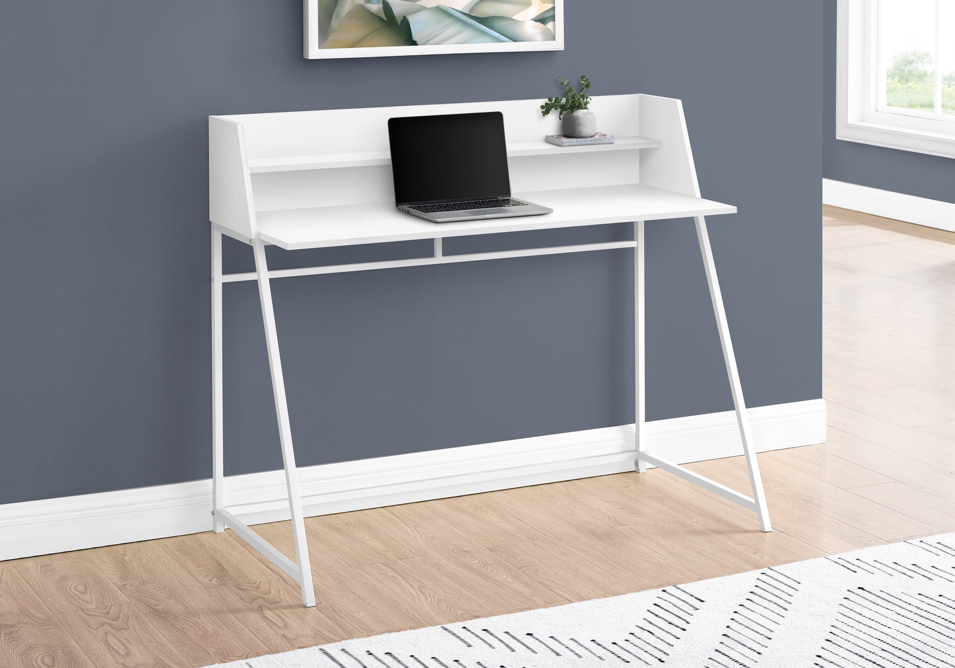 Computer Desk, Home Office, Laptop, Storage Shelves, 48"L, Work, White Laminate, White Metal, Contemporary, Modern White Particle Board