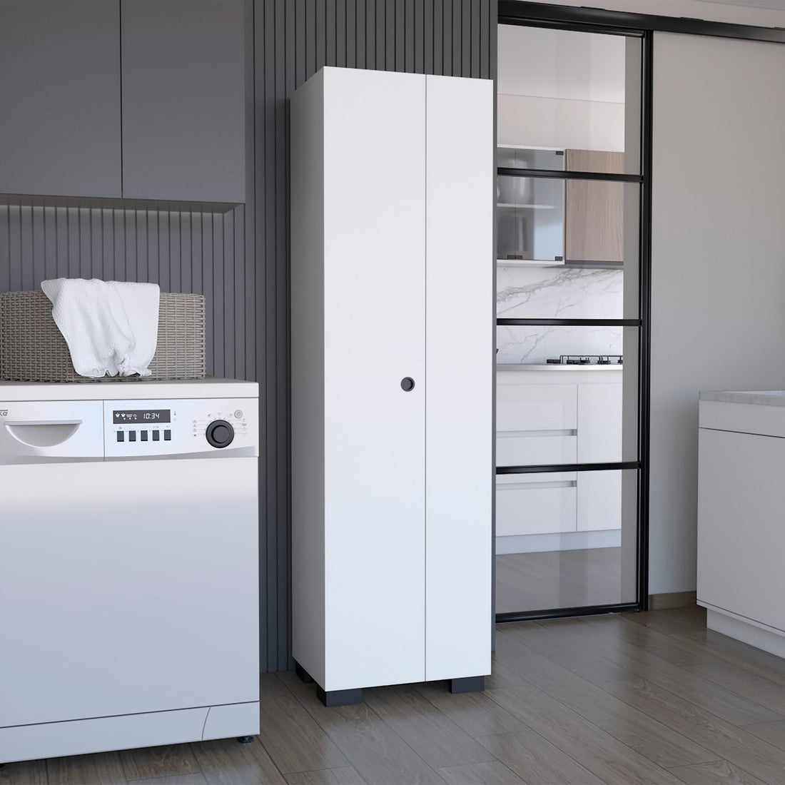 Broom Cabinet Double Door Design With Inner Shelves And Side Hangers, White White Solid Wood Mdf Engineered Wood