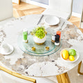 Double Layer Rotatable Round Glass.Golden Aluminum Plate,The Rotatable Design Makes It Convenient To Retrieve And Place Items.The Upper Glass Has A Diameter Of 20 Inches,The Lower Glass15 Inches.