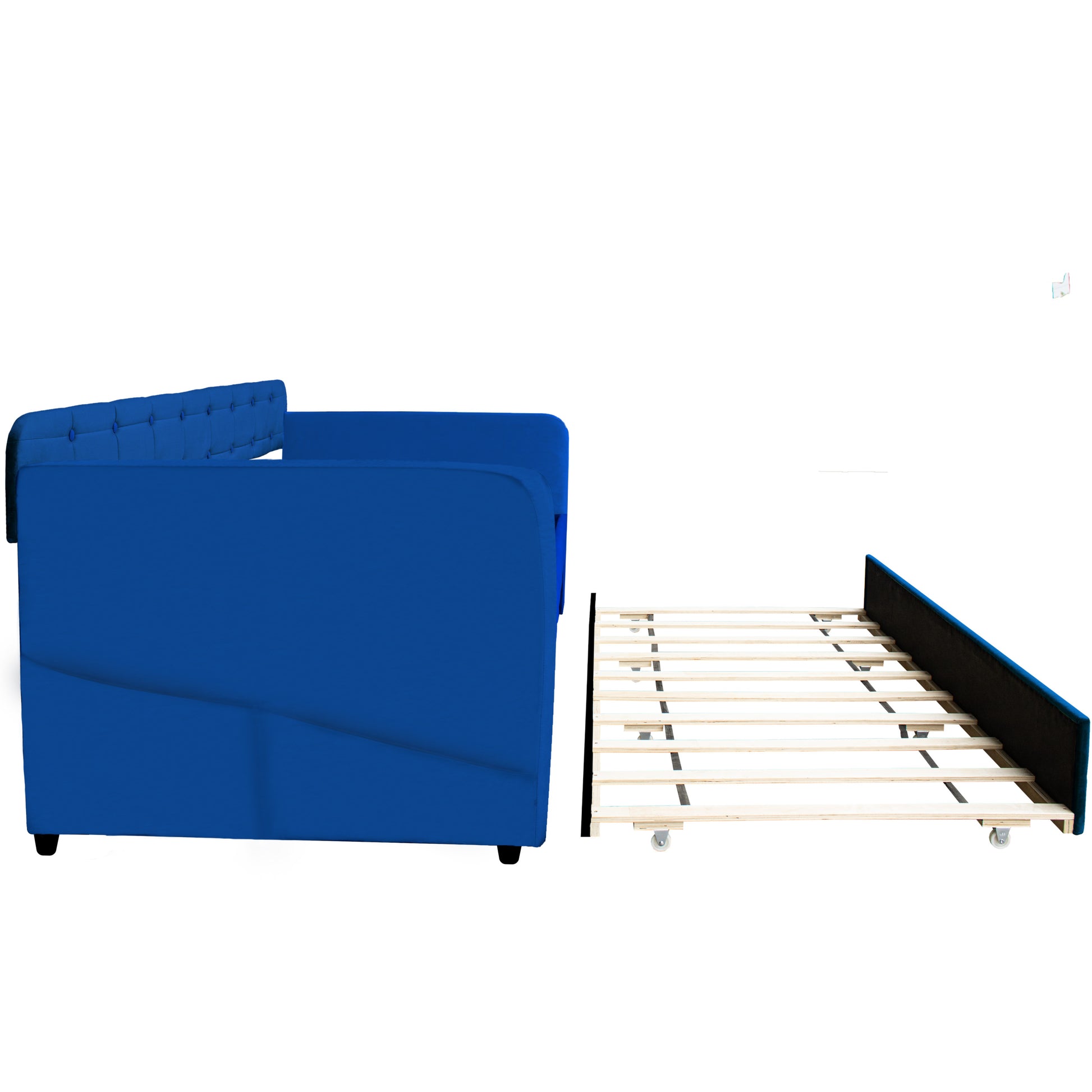 Blue Upholstered Twin Size Daybed With Trundle, Velvet Fabric, No Box Spring Required, Comfortable And Simple Design Models Box Spring Not Required Twin Blue Wood Espresso Bedroom Artsy,Classic,Retro Rubberwood Fiber Foam And Polyester Fiber Pad Velvet