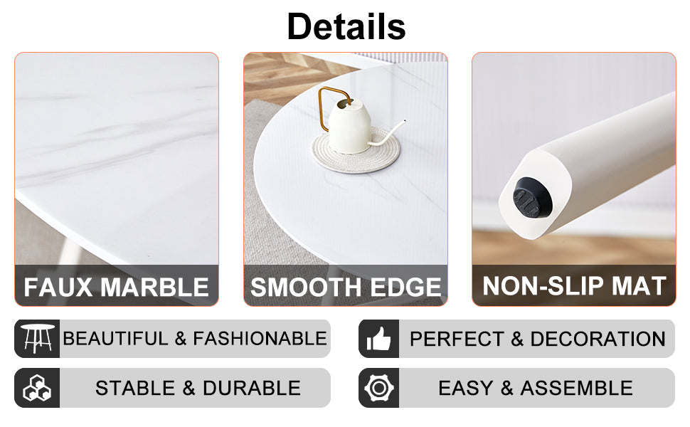 Table And Chair Set, Mdf Desktop, White Metal Table Legs, Stable And Beautiful, Suitable For Most Styles Of Home. Modern Simple Dining Table, Comfortable Seating. White Seats 4 Mdf