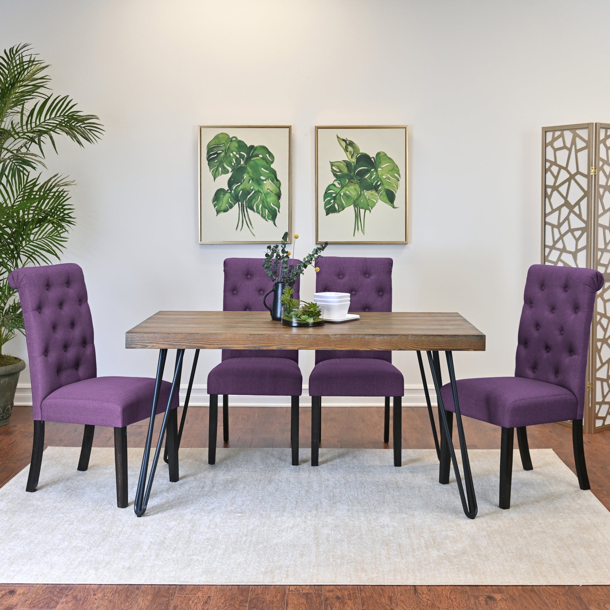Ashford 5 Piece Dining Set, Hairpin Dining Table With 4 Chairs, 4 Color Options Brown Metal Dining Room Fixed Table Rubberwood Rectangular Dining Table With Chair Wood Wood Brown Seats 4 Rectangular 4 Leg Mdf Metal