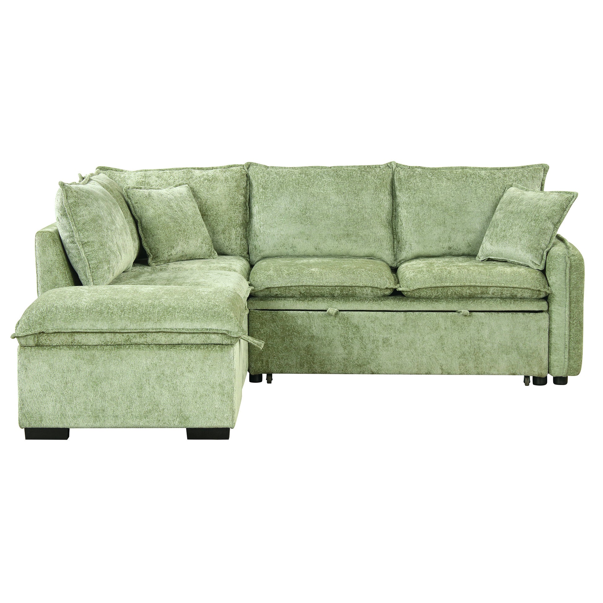 82.67"Convertible Sofa Bed Sectional Sofa Sleeper L Shaped Sofa With A Storage Ottoman,Two Pillows, Two Power Sockets And Two Usb Ports For Living Room, Green Green Foam Chenille 4 Seat