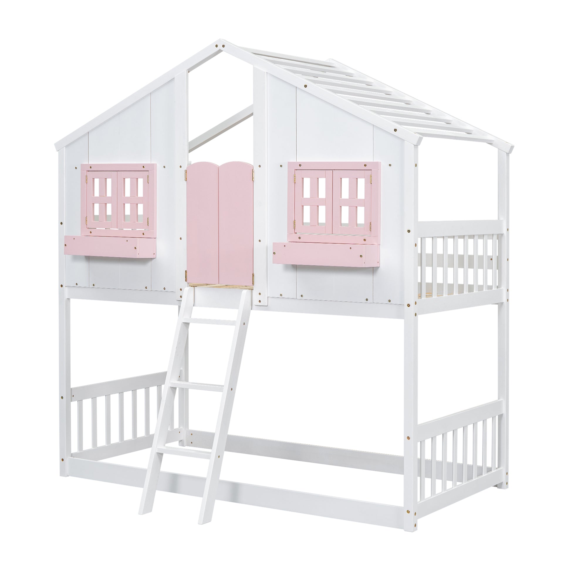 Twin Over Twin House Bunk Bed With Roofwindow, Window Box, Doorwith Safety Guardrails And Ladder, Pink White Twin Pink White Pine