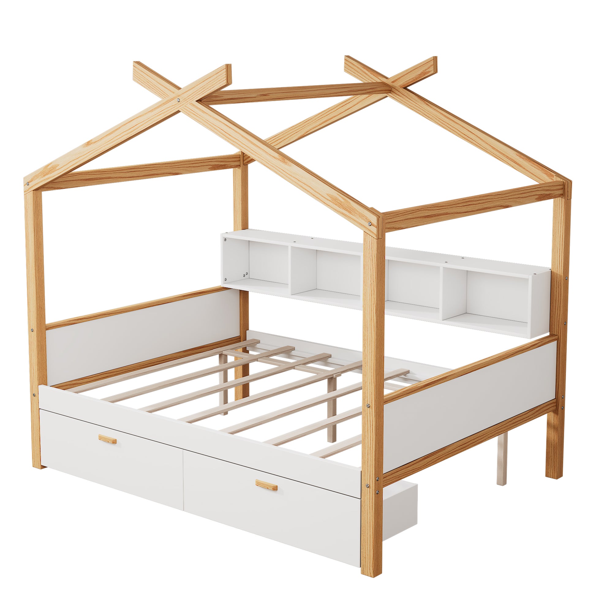 White Full Size Wooden House Bed Original Wood Colored Frame With Two Drawers And Bookshelf Storage Space For Children Or Guest Room Full White Wood