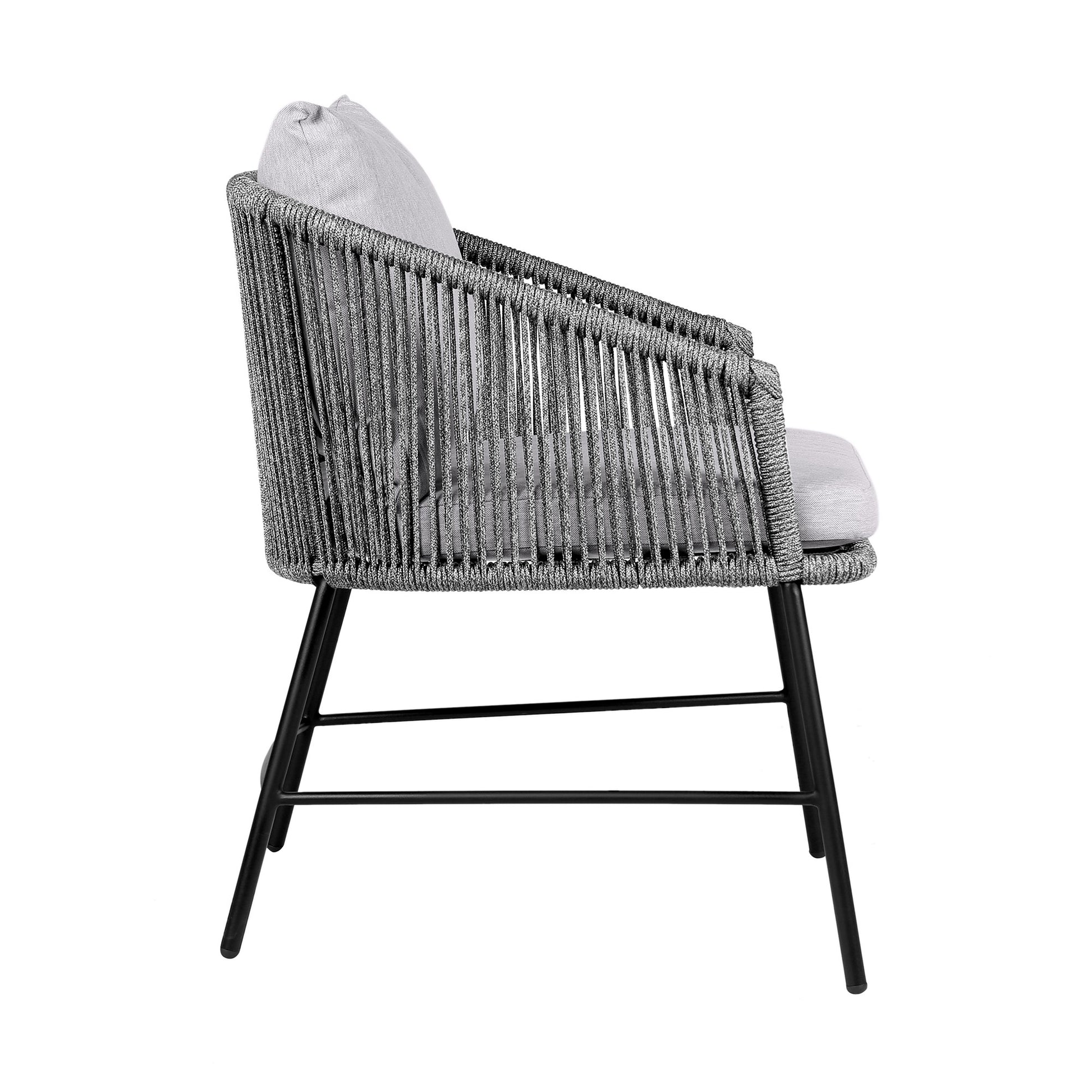 25 Inch Patio Dining Chair, Matte Black Steel Frame, Gray Rope Woven Seat Black Grey Steel