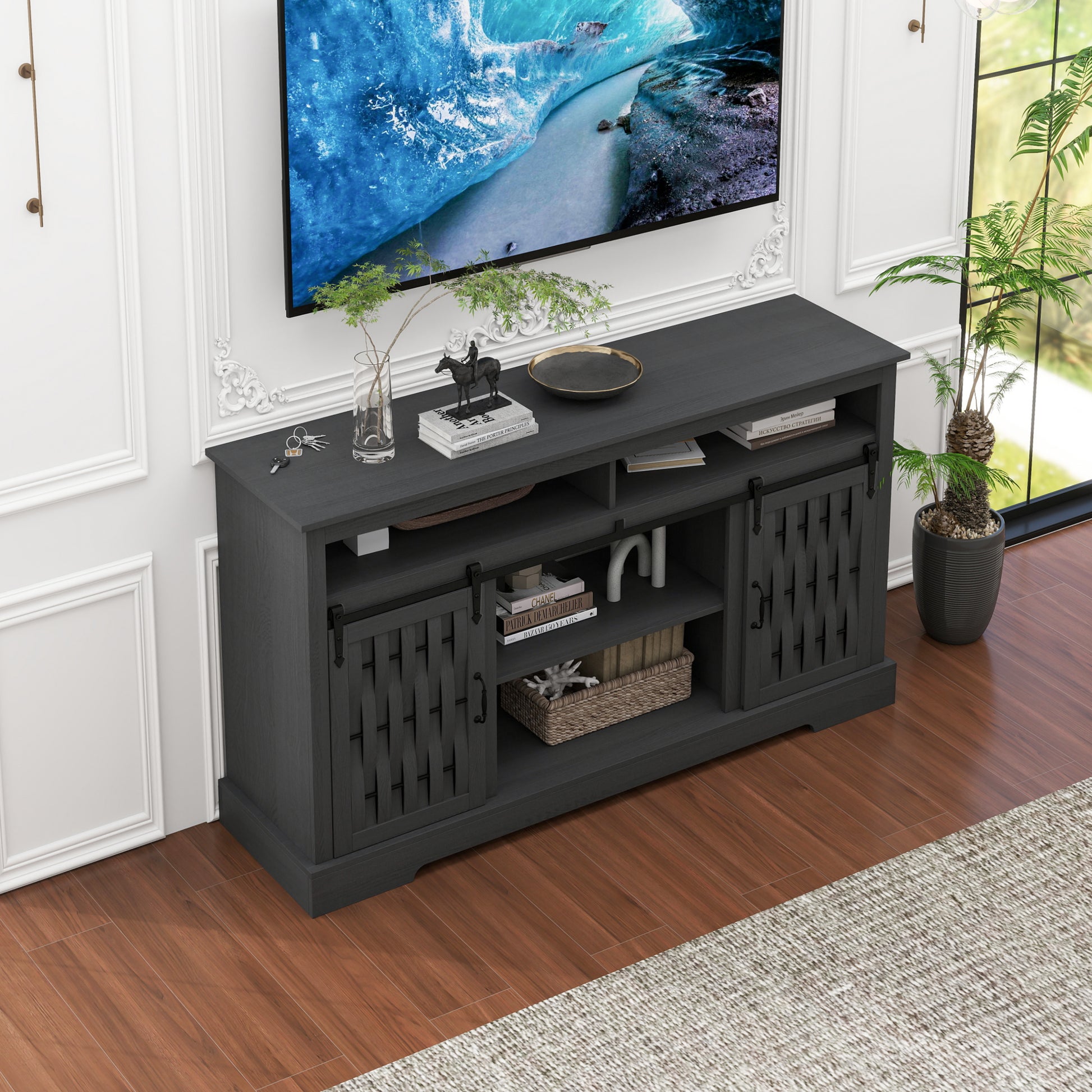 Fireplace Tv Stand For Tvs Up To 65", Entertainment Center With 23" Electric Fireplace, Farmhouse Tv Stand Industrial Media Console With Sliding Barn Door For Living Room, 58 Inch Dark Gray Particle