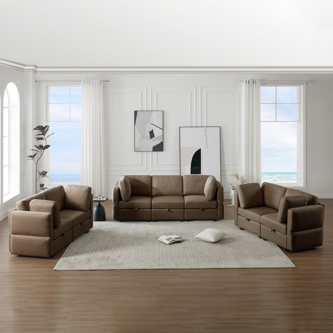 Living Room Furniture 7 Piece Set Including One 3 Seater Sofa And Two 2 Loveseatsadjustable Arms And Backs Comforty Sofas & Couches With Comfy Seat And Arm Cushions Brown Brown Polyester 7 Seat