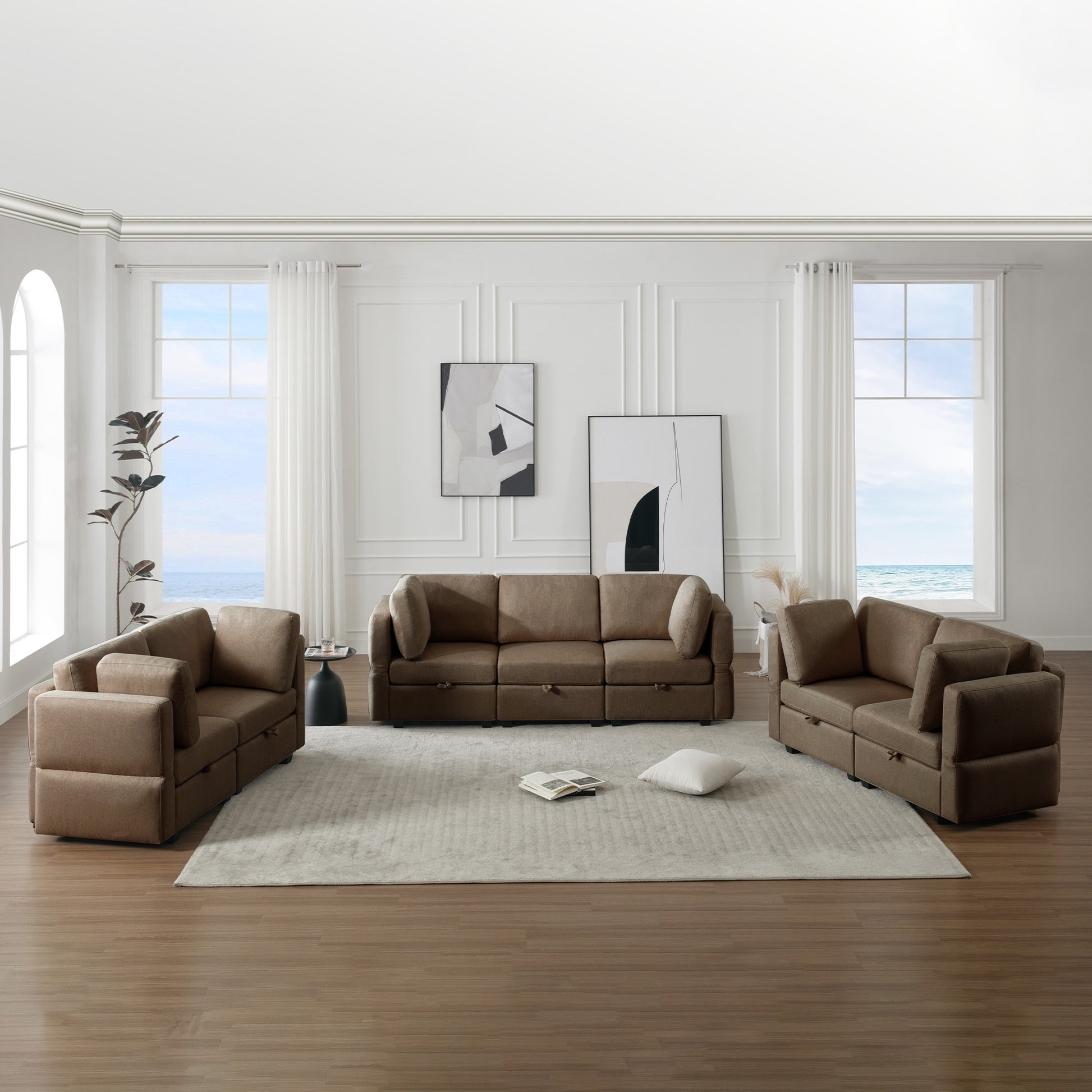 Living Room Furniture 7 Piece Set Including One 3 Seater Sofa And Two 2 Loveseatsadjustable Arms And Backs Comforty Sofas & Couches With Comfy Seat And Arm Cushions Brown Brown Polyester 7 Seat