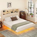 Queen Size Upholstered Floating Bed With Led And Storage Headboard, Beige Box Spring Not Required Queen Beige Wood Bed Frame Linen Upholstered