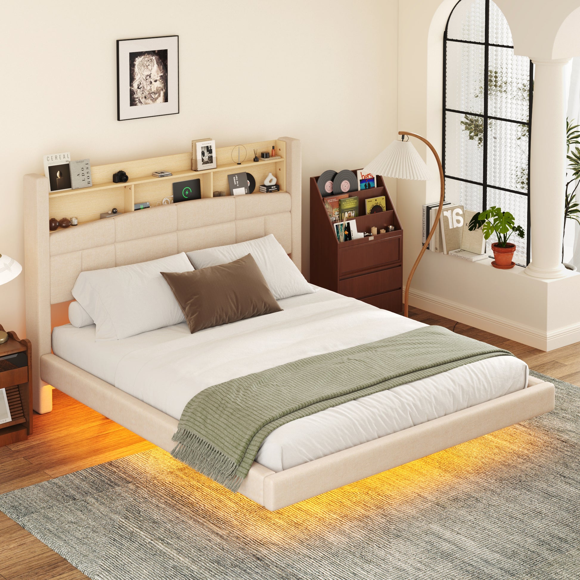 Queen Size Upholstered Floating Bed With Led And Storage Headboard, Beige Box Spring Not Required Queen Beige Wood Bed Frame Linen Upholstered