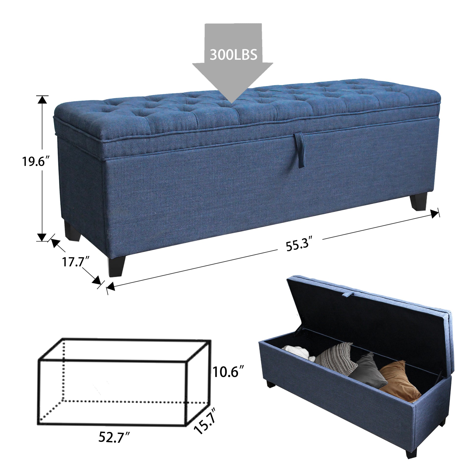 55.3 Inch Extra Long Storage Ottoman Entryway Bench With Flip Top Storage Chest With Padded Seat Bed End Stool For Hallway Living Room Bedroom, Blue Linen Blue Linen Or Linen Blend Blue Linen