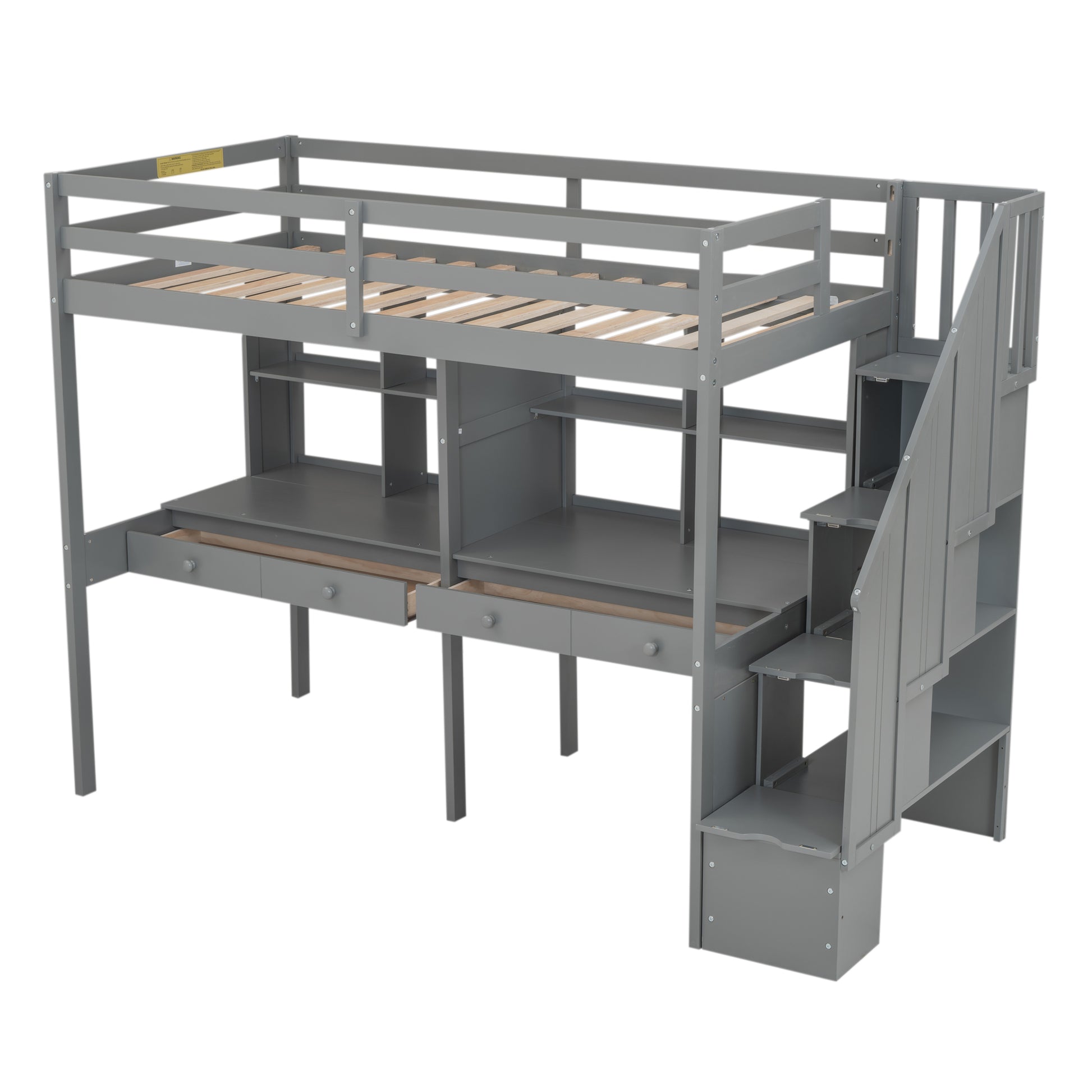 Twin Size Loft Bed Frame With Storage Staircase And Double Desks And Shelves,Gray Twin Gray Solid Wood Mdf