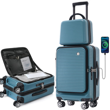 Carry On Luggage 20 Inch Front Open Luggage Lightweight Suitcase With Front Pocket And Usb Port, 1 Portable Carrying Case Blue Abs