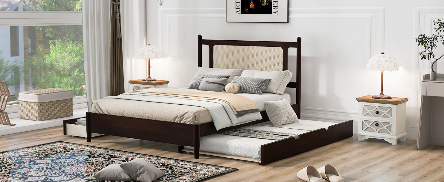 Queen Size Wooden Rattan Platform Bed, With 2 Big Drawers, T Size Trundle, Espresso Queen Espresso Plywood