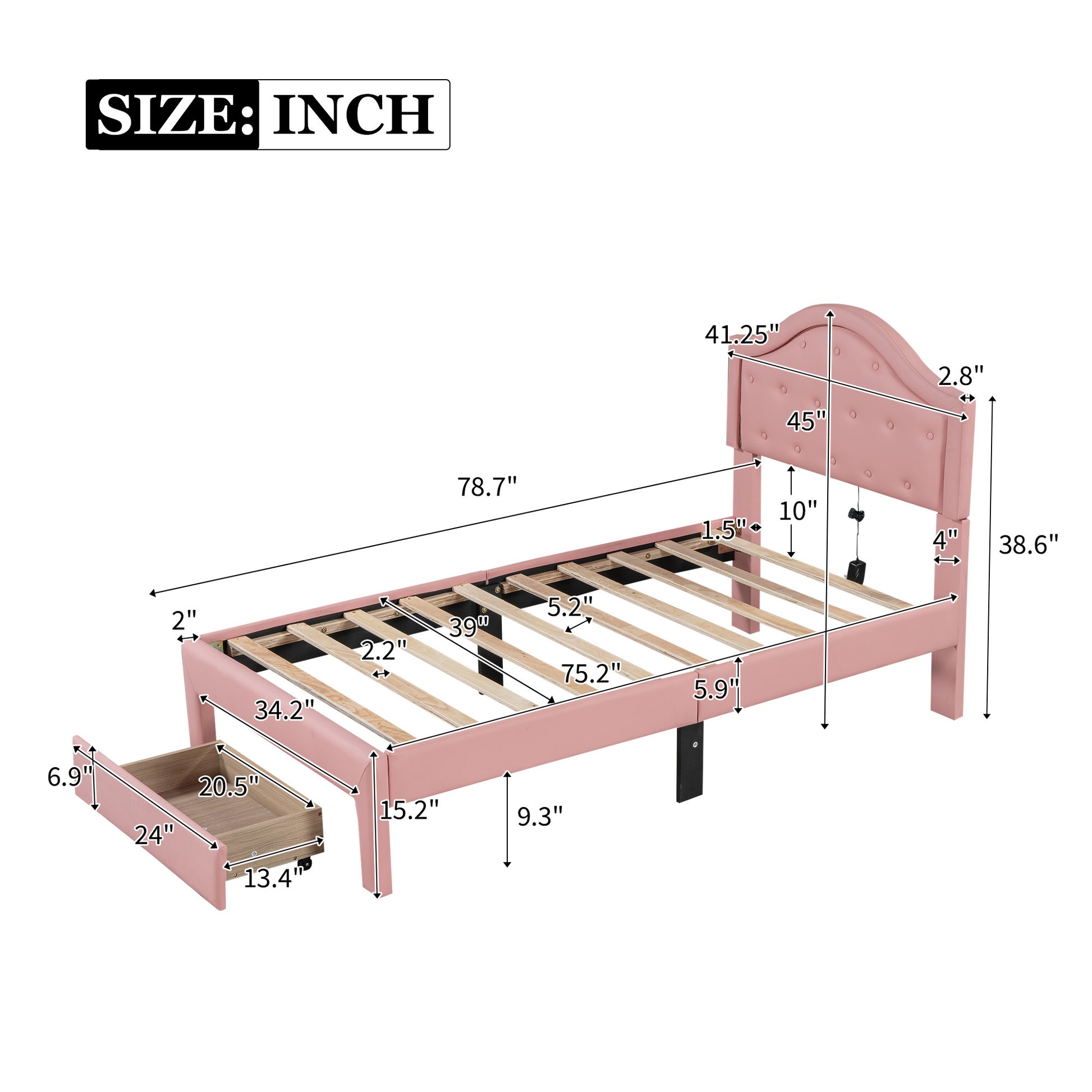 Twin Size Upholstered Platform Bed With Tufted Headboard, Led And A Drawer, Pink Box Spring Not Required Twin Pink Bedroom Faux Leather Upholstered