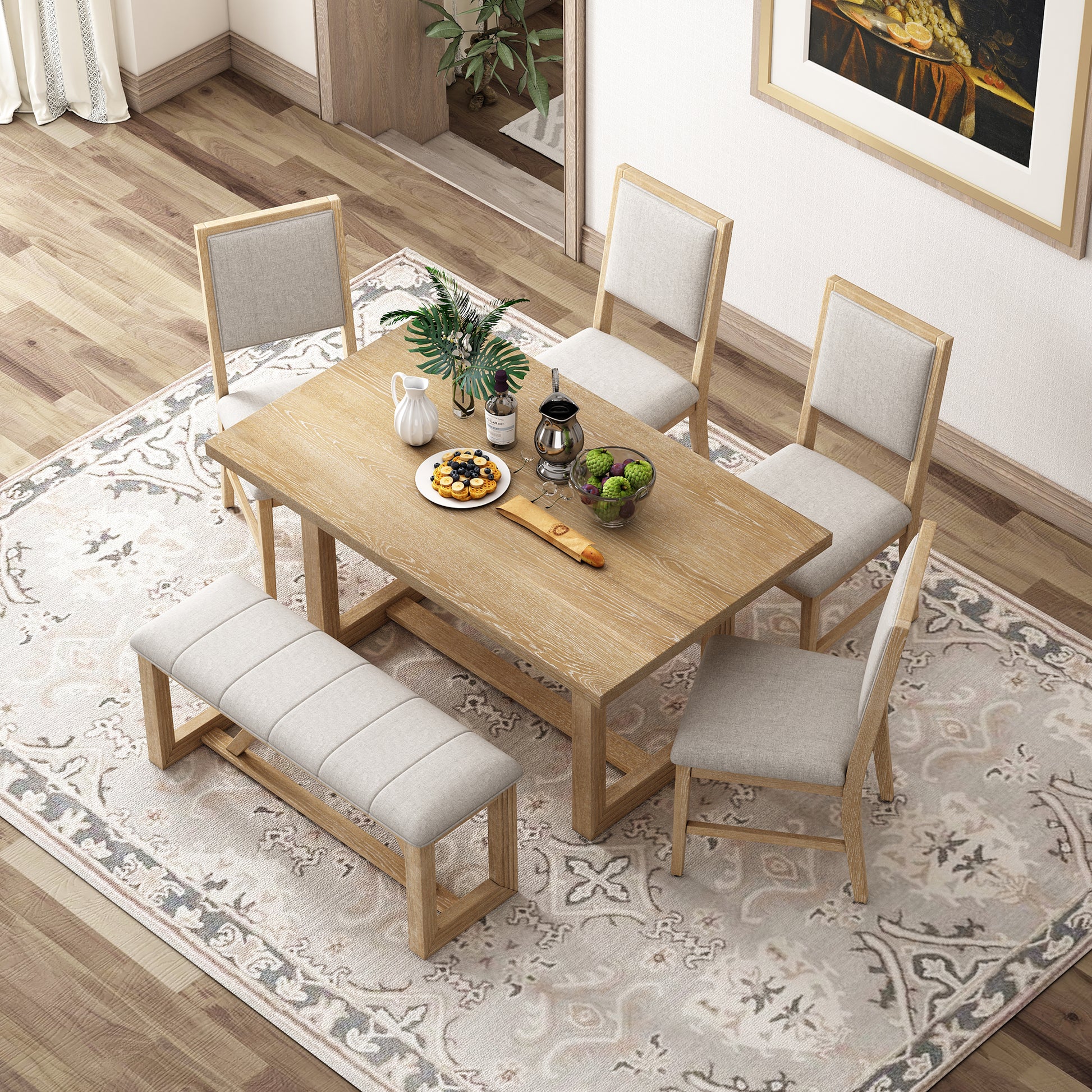 6 Piece Retro Dining Set, 1 Rectangular Table With Designed Trestle Base And 4 Upholstered Chairs And 1 Bench For Dining Room And Kitchen Natural Natural Solid Wood Mdf