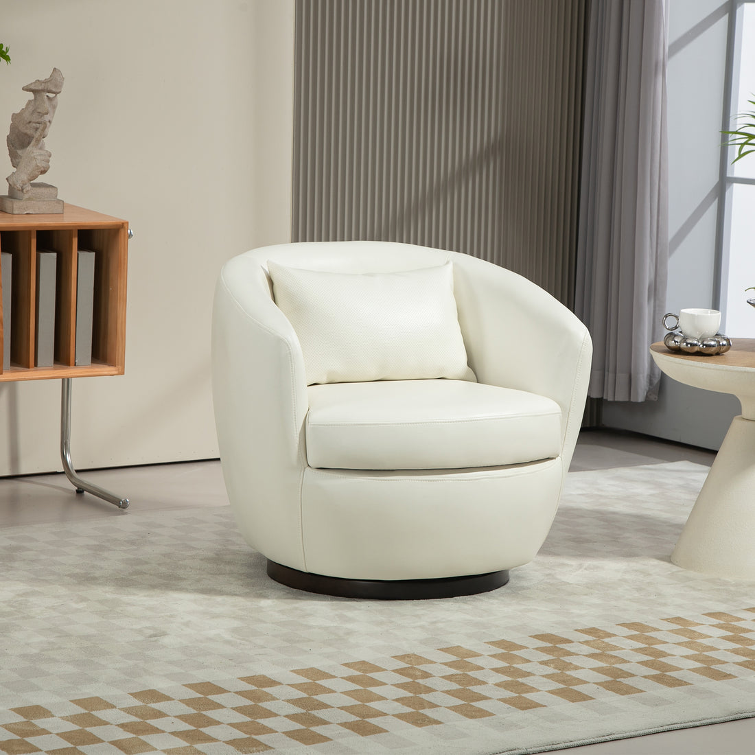 Upholstered Swivel Barrel Armchair With Storage Modern Living Room Side Chair For Bedroom Office Reading Spaces Pu Light Beige Light Beige Foam Upholstered