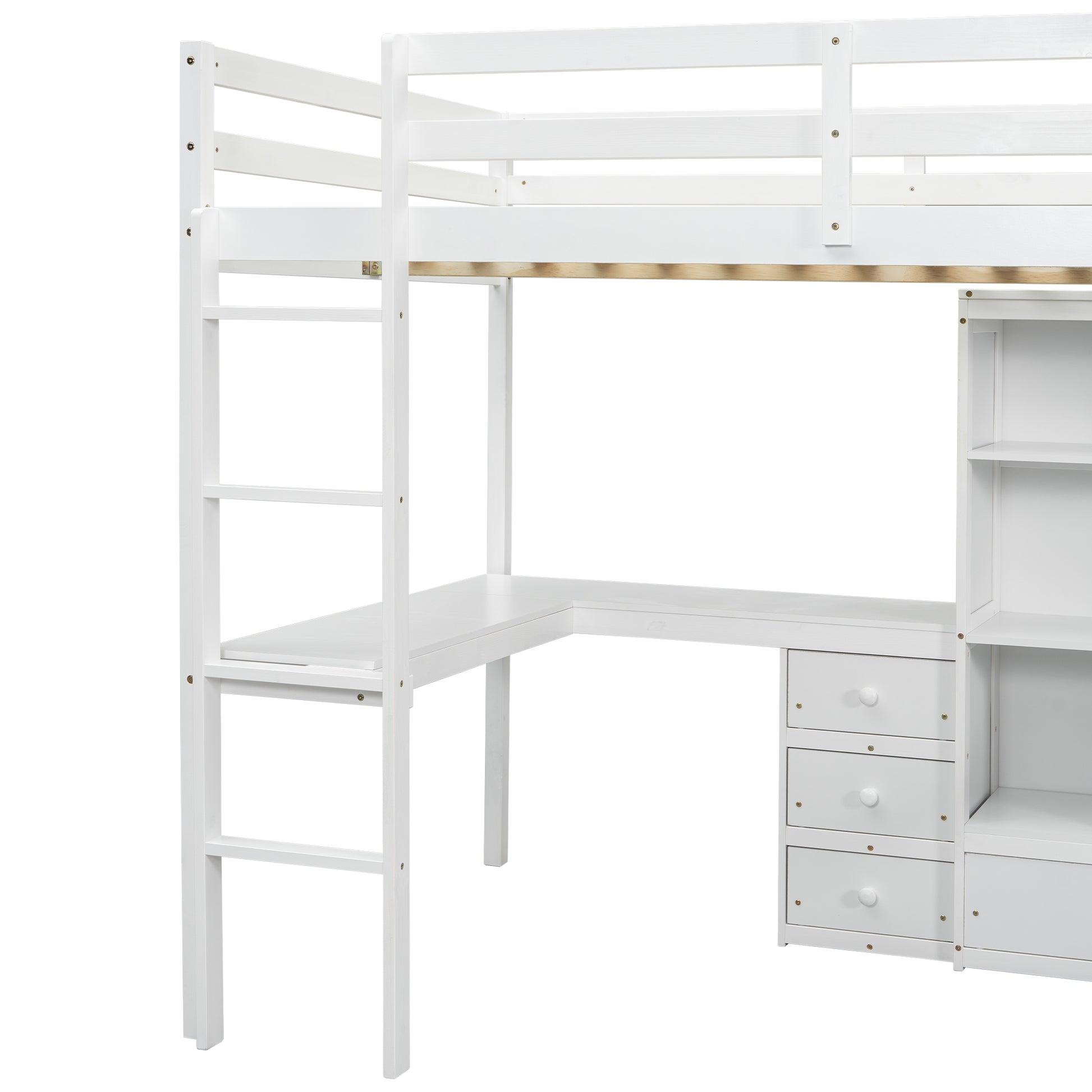 Full Size Loft Wood Bed With Desk, Storage Shelves And Drawers, Built In Ladder, High Loft Bed With Desk, Storage Shelves And Drawers,Guardrails,White Full White Pine