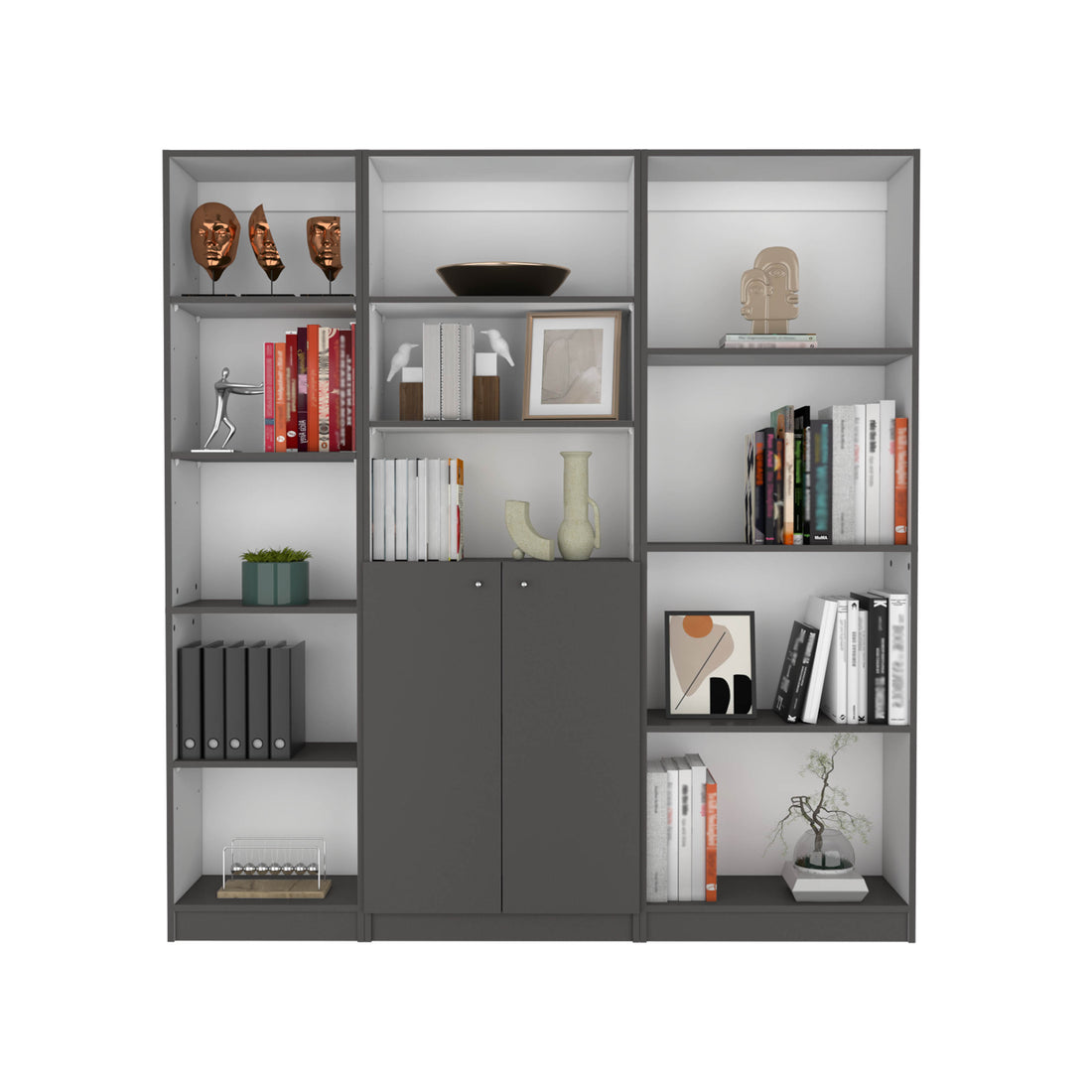 Poole 3 Piece Home Bookcase Set, 67" Wide With 12 Shelves And 2 Door Cabinetliving Room Set Matt Gray White Freestanding 5 Or More Shelves Gray White Matte,Multicolor Office Open Storage Space