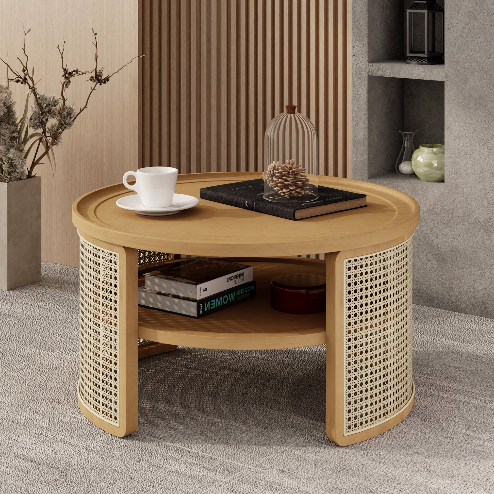2 Tiered Round Natural Wood Coffee Table With Storage Rattan Base In 31.3'' Natural Rubber Wood