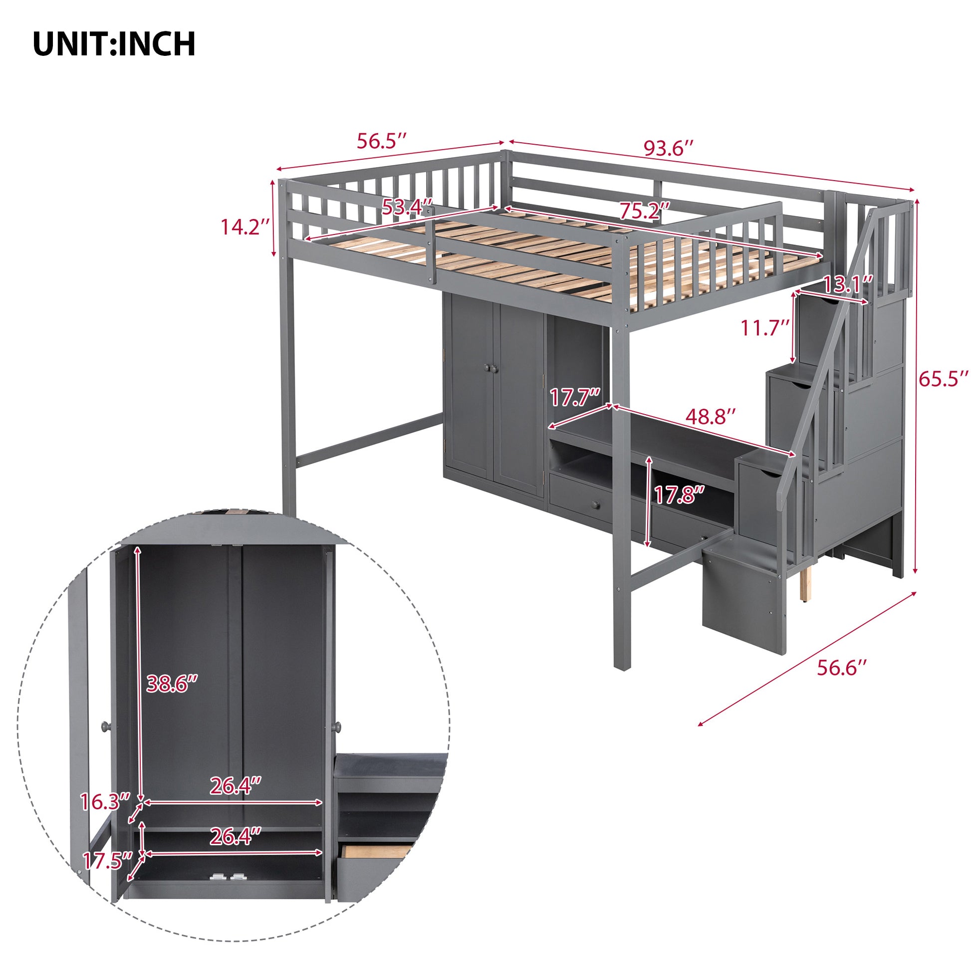 Full Size Loft Bed Frame With Wardrobe,Low Storage Table And Storage Staircase,Gray Expected Arrival Time:10.20 Gray Solid Wood Mdf